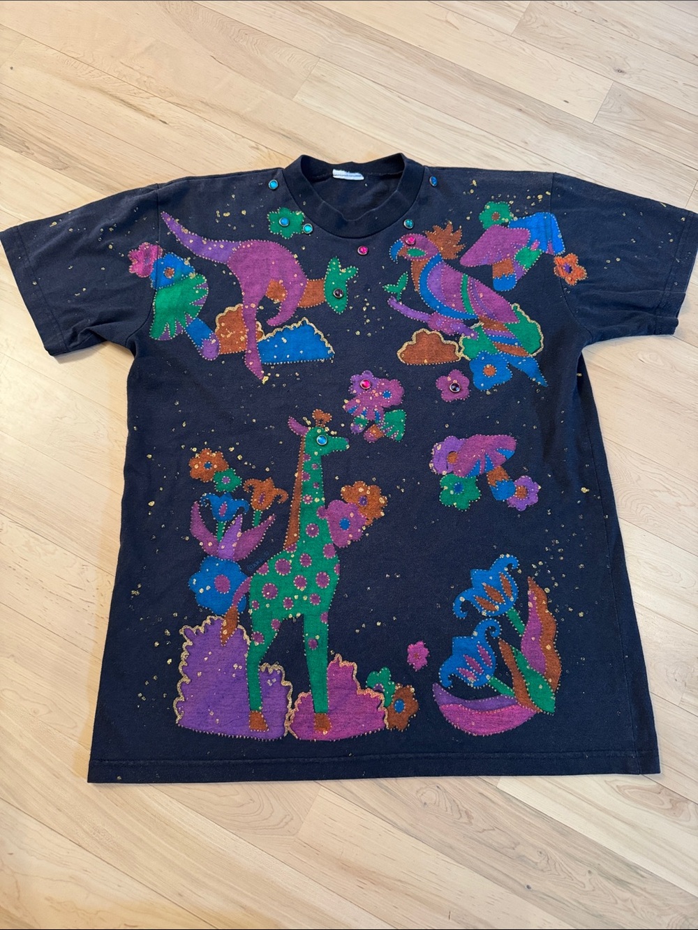 Vintage 90s black T-shirt-whimsical hand-painted animals-gem embellishments-AOP